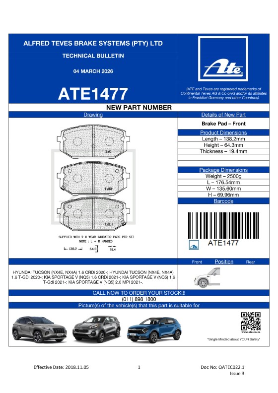 ATE1477 NEW! Brake Pad for Hyundai Tucson, Kia Sportage featured image